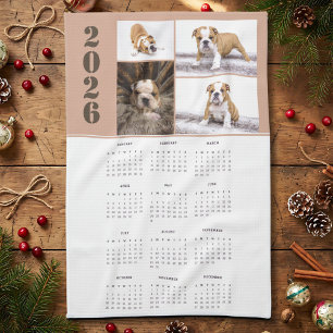 Year 2026 Calendar Dog Pet 4 Photo Collage Kitchen Towel