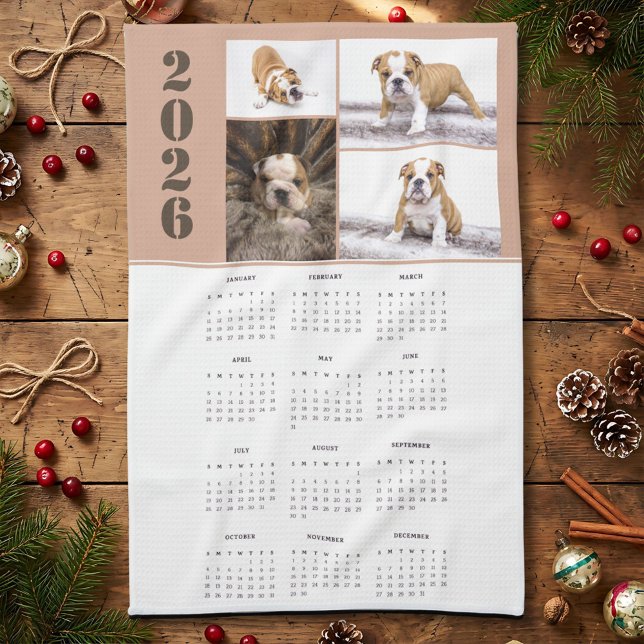 Year 2026 Calendar Dog Pet 4 Photo Collage Kitchen Towel (Creator Uploaded)