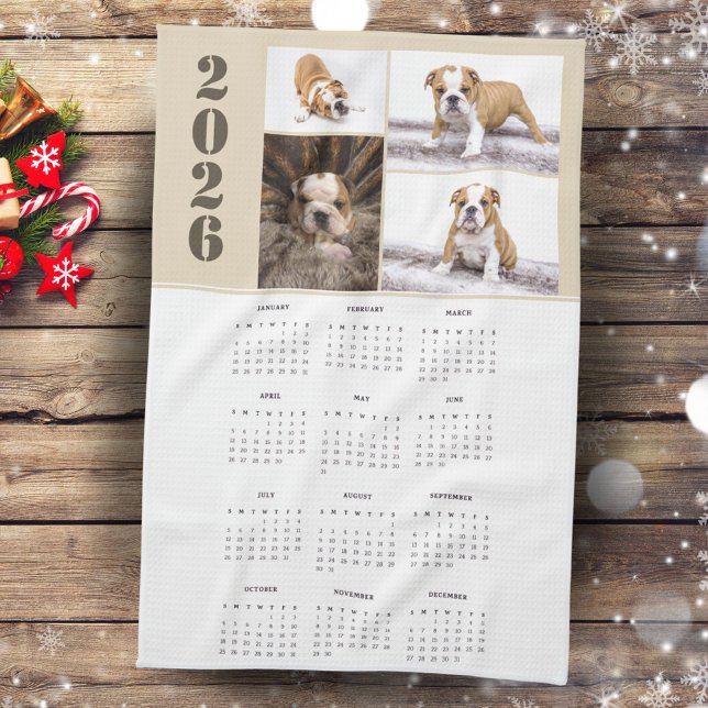 Year 2026 Calendar Dog Pet 4 Photo Collage Kitchen Towel (Creator Uploaded)