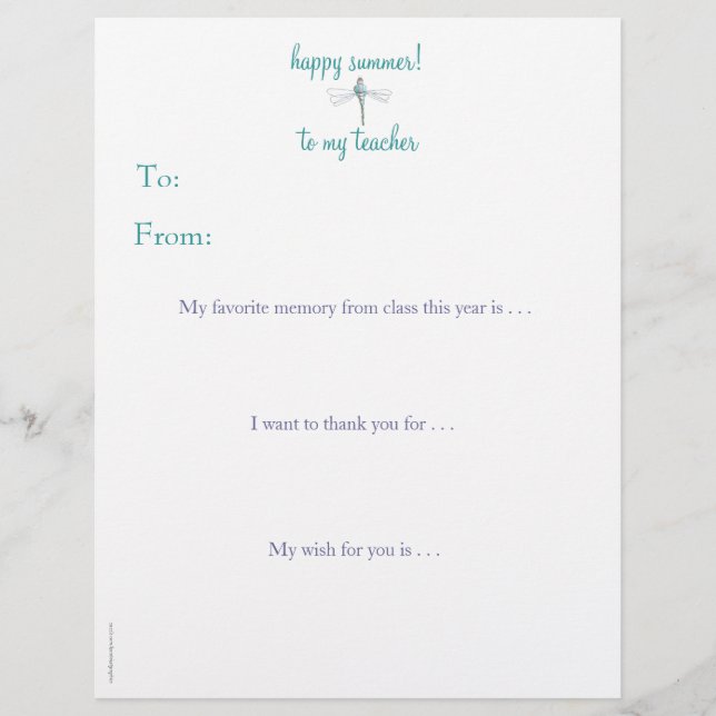 Year-end personalized teacher thank you -dragonfly (Front)