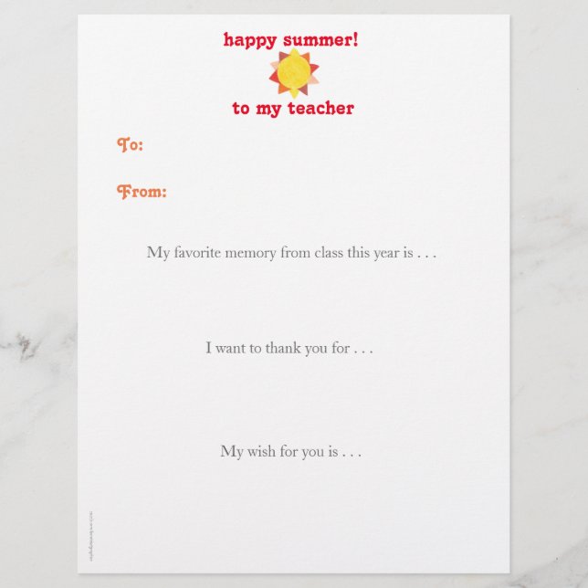Year-end personalized teacher thank you note - sun (Front)