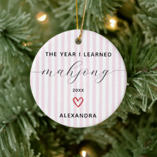 Year I Learned Mahjong Player Name Pink Stripe Ceramic Ornament