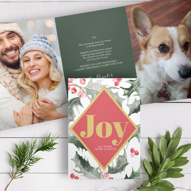 Year In Review Botanical Joy Tri-Fold Holiday Card (Trifold Christmas cards year in review multi photo elegant watercolor red berries and green holly.)
