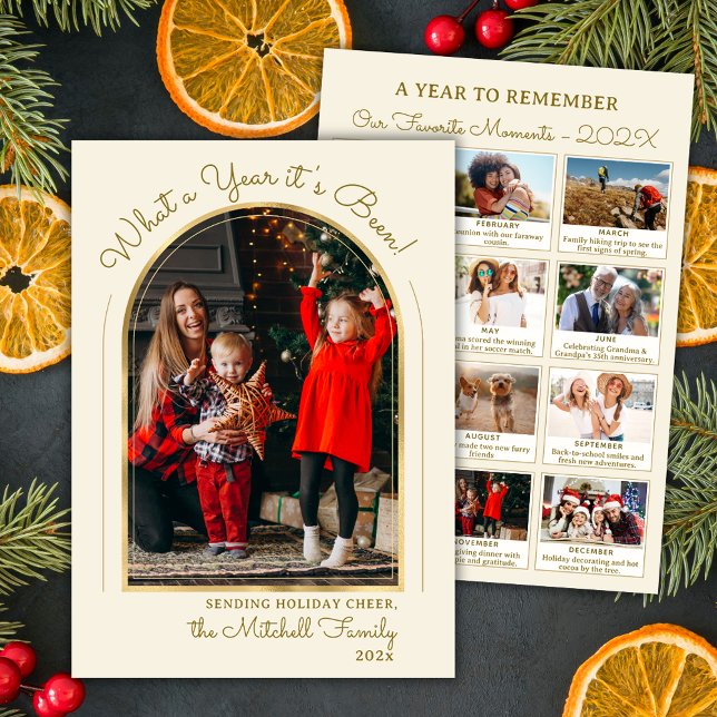 Year in Review Gold Script Arch Photo Collage Holiday Card (Creator Uploaded)