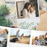 Year in review multi photo green Merry Christmas  Tri-Fold Holiday Card<br><div class="desc">Greenery holly berry foliage modern Merry Christmas green brushed script family year in review 9 photo collage gallery tri fold holiday card with your custom personalized text.</div>