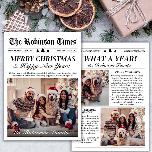 Year in Review Newspaper Unique Christmas 3 Photo Holiday Card (Creator Uploaded)