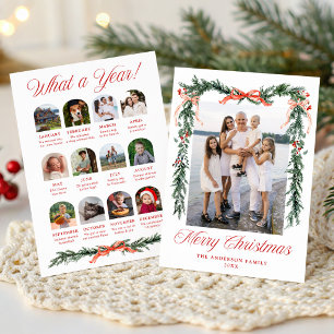 Year in Review Red Ribbon Greenery Christmas Photo Holiday Card