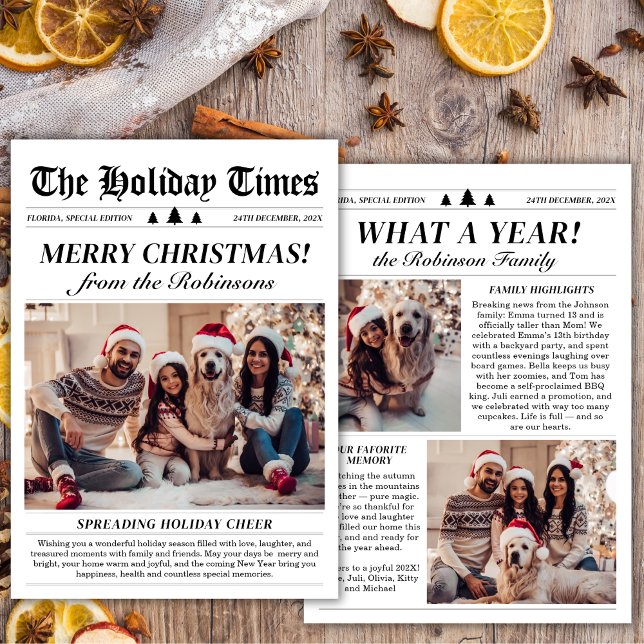 Year in Review Unique Newspaper Christmas 3 Photo Holiday Card (Creator Uploaded)