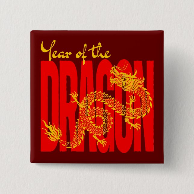Year of the Dragon Red Gold 2 Inch Square Button (Front)