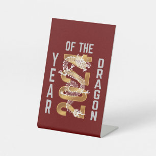 Year of the Dragon Year 2024 White Grey Gold Pedestal Sign