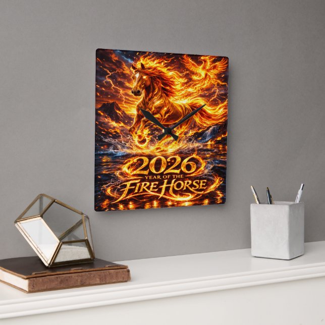 Year of the Fire Horse 2026 Square Wall Clock (Office)
