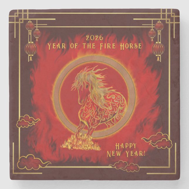 Year of the Fire Horse , Happy Lunar New Year Stone Coaster (Front)