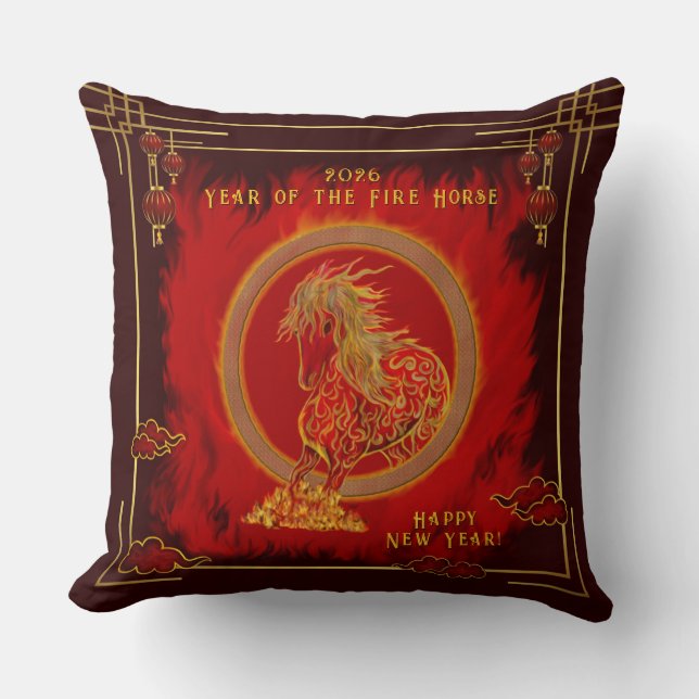 Year of the Fire Horse , Happy Lunar New Year Throw Pillow (Front)