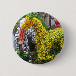 Year of the Horse 春節馬 ... Chinese Flower Topiary 2 Inch Round Button