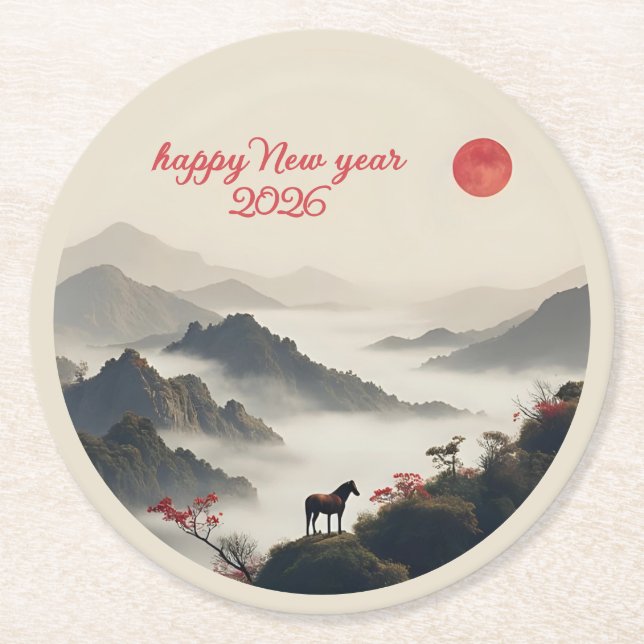 Year of the Horse 2026 Chinese New Year Mountain  Round Paper Coaster (Front)