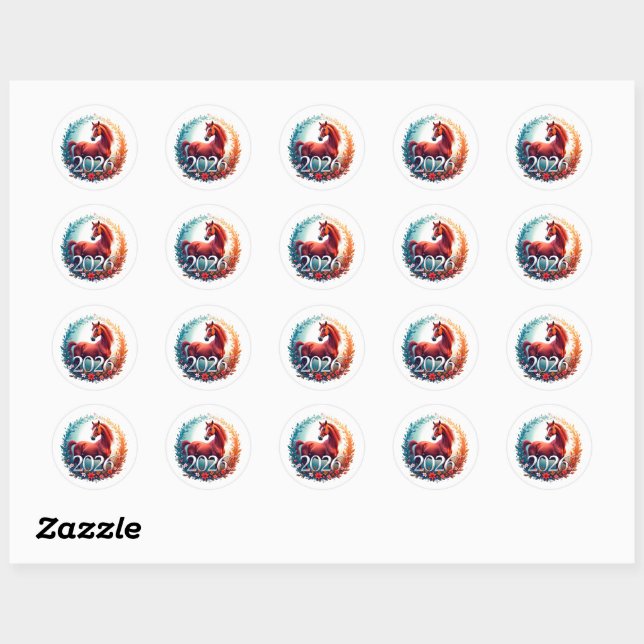 Year of the Horse 2026 Wreath Classic Round Sticker (Sheet)