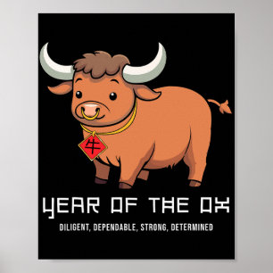 Year Of The Ox Cute Kawaii Chinese Zodiac Chinese  Poster