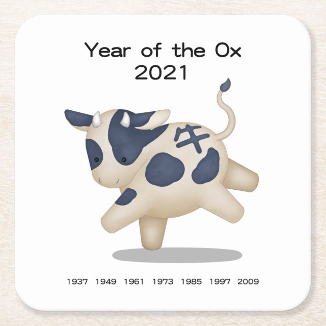 Year of the Ox Cute Zodiac Animal 2021 Square Paper Coaster (Front)