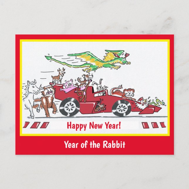 Year of the Rabbit Chinese New Year Racing Car Postcard (Front)