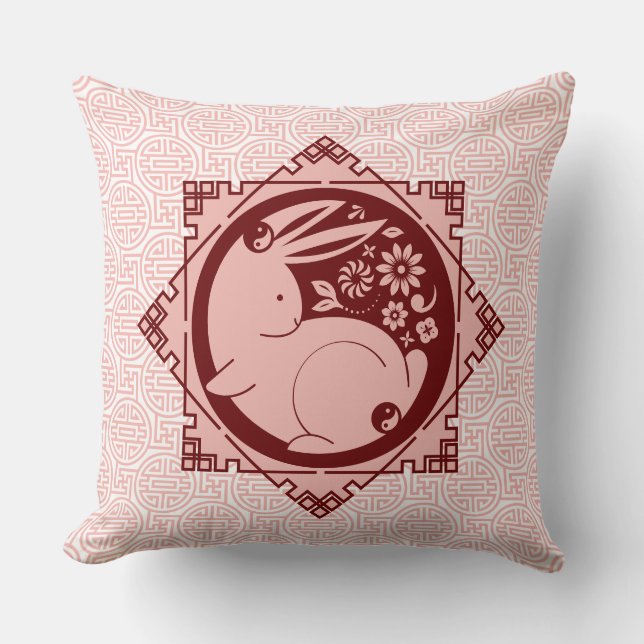 Year of the Rabbit Mantras Chinese New Year Pink Throw Pillow (Front)