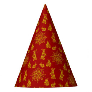 Year of the Rabbit Red and Gold Mandala Pattern Party Hat