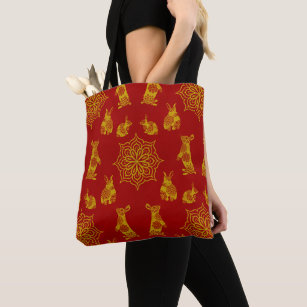 Year of the Rabbit Red and Gold Mandala Pattern Tote Bag