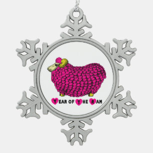 Year of the Ram - Funny Ram in Pink Snowflake Pewter Christmas Ornament
