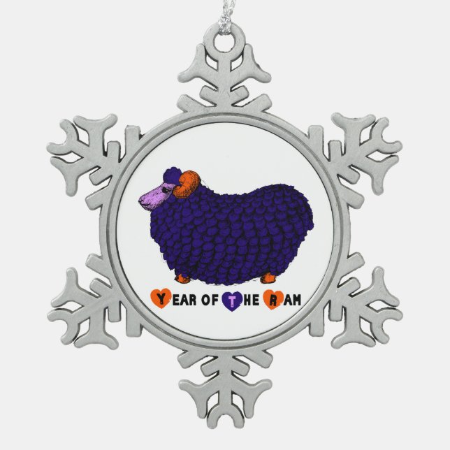 Year of the Ram - Funny Ram in Purple Snowflake Pewter Christmas Ornament (Front)