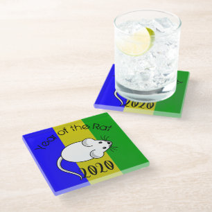 Year of the Rat 2020 Mouse with Text Glass Coaster