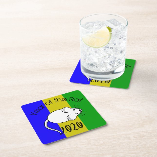 Year of the Rat Mouse and Lucky Colours Square Paper Coaster (Insitu)