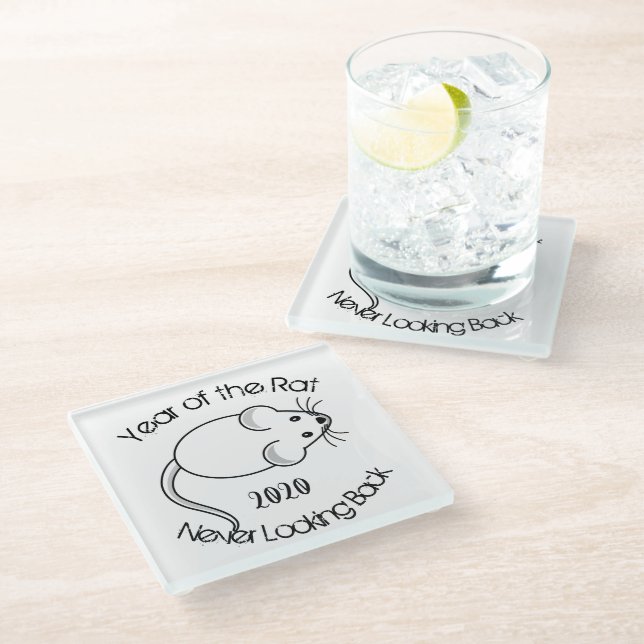 Year of the Rat Never Looking Back 2020 with Mouse Glass Coaster (Angled)