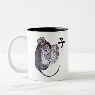Year of the Rat sumie ink painting Two-Tone Coffee Mug