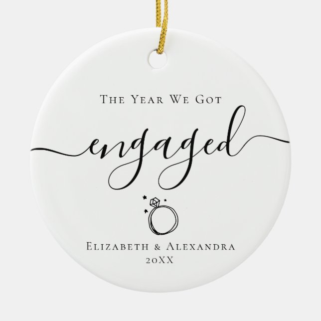 Year we got engaged couple names year photo ceramic ornament (Front)