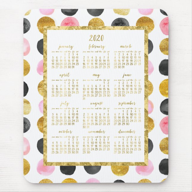 Yearly Calendar 2020 Mouse Pads Pink And Gold Dots (Front)
