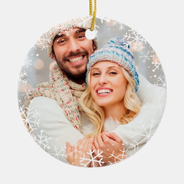 Yearly Christmas White Snowflakes Custom Colour Ceramic Ornament (Front)