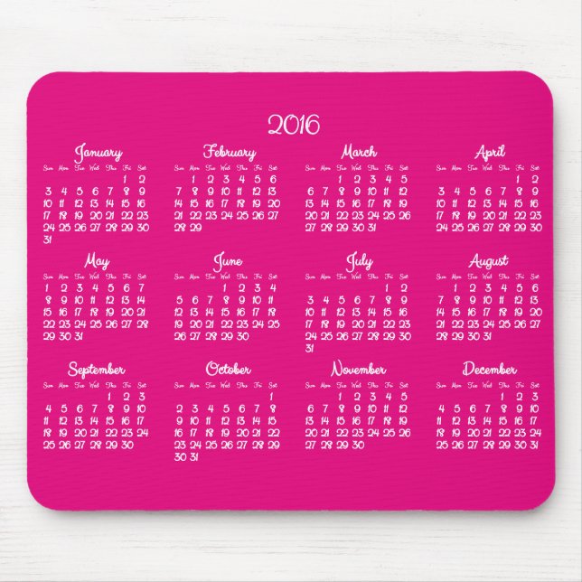 Yearly Pink 2016 Calendar Mouse Pads (Front)