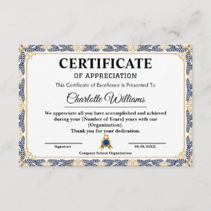 Years of Service Appreciation Gold Certificate 