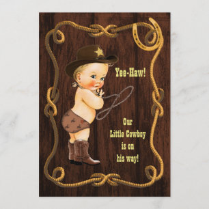 Yee-Haw! Blonde Cowboy Rustic Baby Shower Invitation