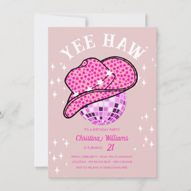 Yee Haw Blush Pink Disco Cowgirl Rodeo Birthday Invitation (Front)