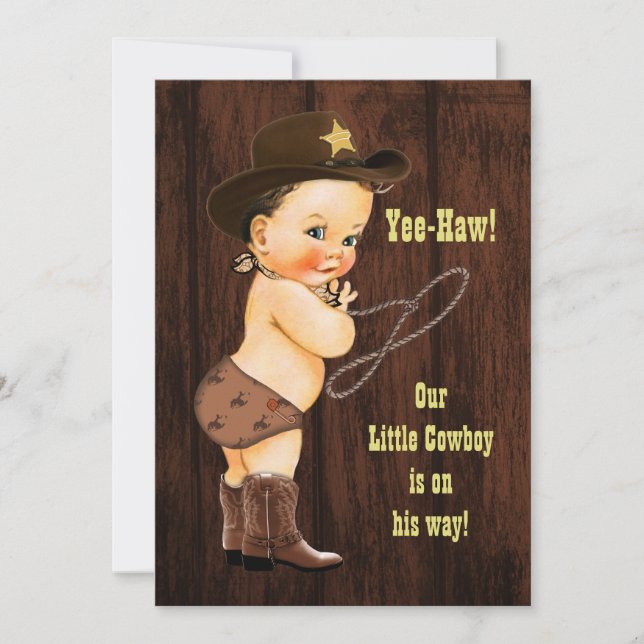 Yee-Haw! Brunette Cowboy Rustic Baby Shower Invitation (Front)
