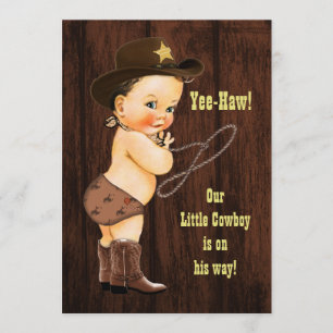Yee-Haw! Brunette Cowboy Rustic Baby Shower Invitation