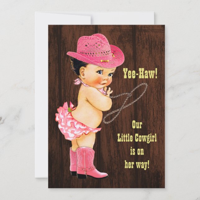 Yee-Haw! Brunette Cowgirl Rustic Baby Shower Invitation (Front)