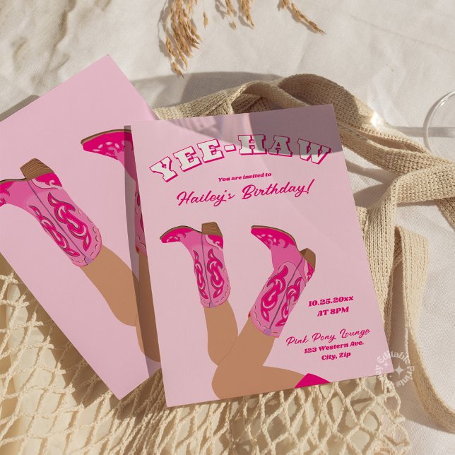 Yee-Haw Cowgirl Boots Birthday Invitation (pink cowgirl yee-haw birthday invite)