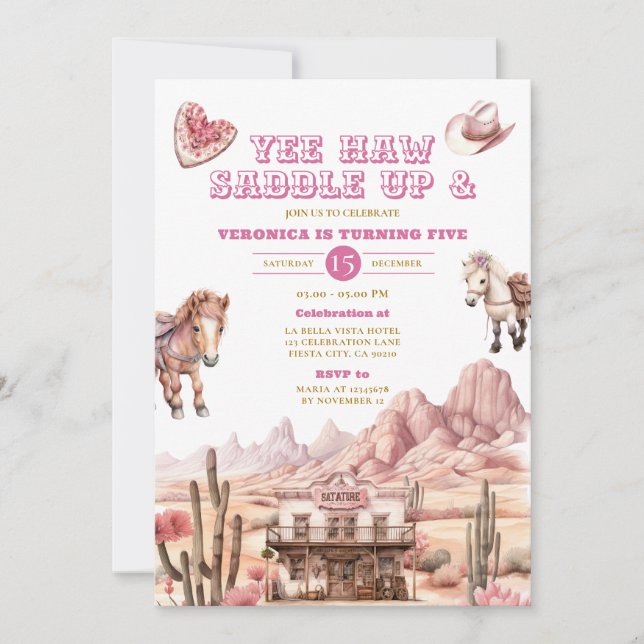 Yee haw Cowgirl Rodeo Wild West Ranch 5th Birthday Invitation (Front)