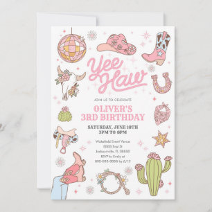 Yee Haw Girl Rodeo Retro Disco Cowgirl Birthday Invitation