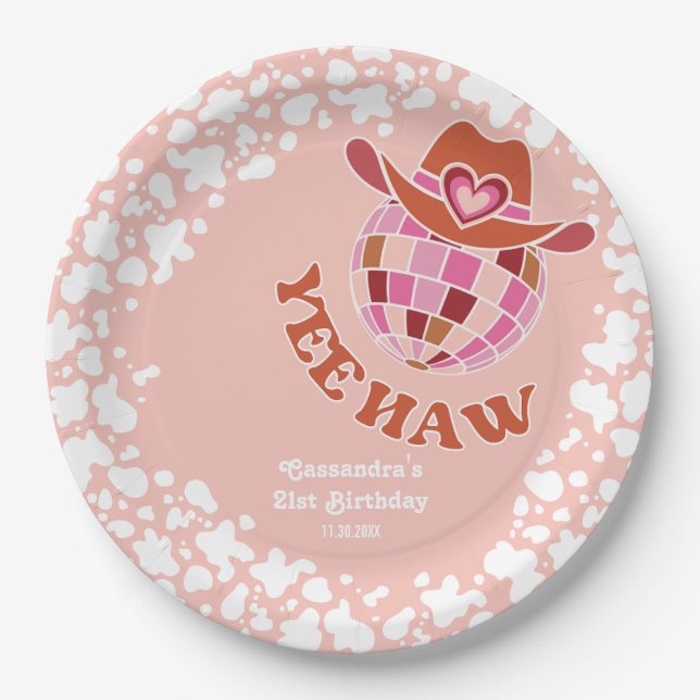 Yee Haw Peach Disco Cowgirl Rodeo Birthday Paper Plate (Front)