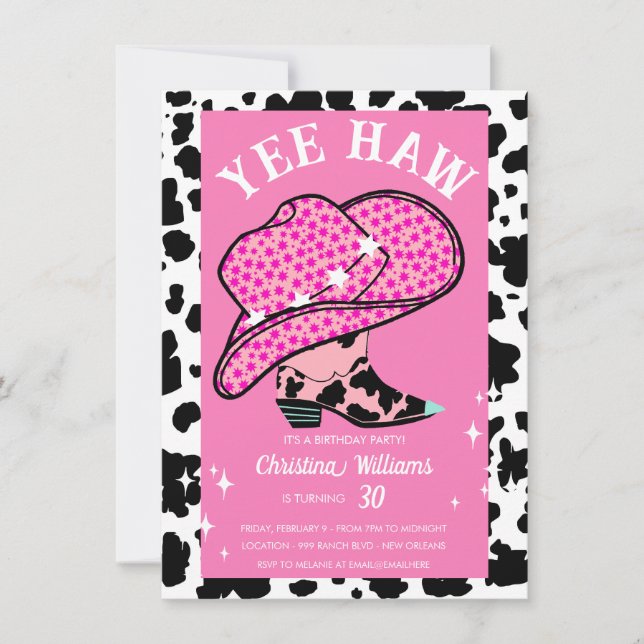 Yee Haw Pink Cowgirl Rodeo 30th Birthday Invitation (Front)