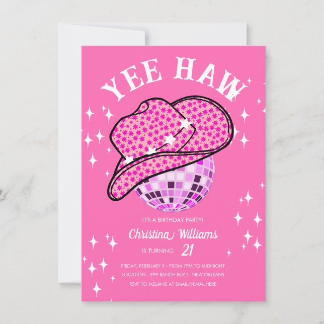 Yee Haw Pink Disco Cowboy Rodeo Birthday Invitation (Front)