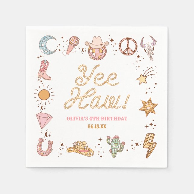 Yee Haw! Western Disco Cowgirl Birthday Party Napkin (Front)