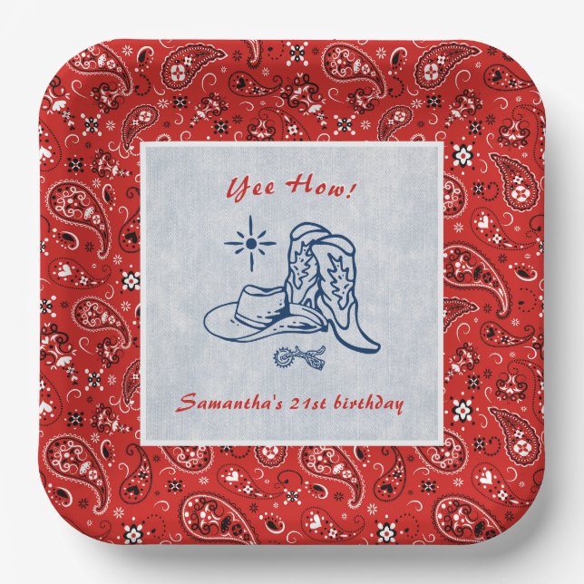 Yee How Western Paisley Denim Blue Jeans Birthday Paper Plate (Front)